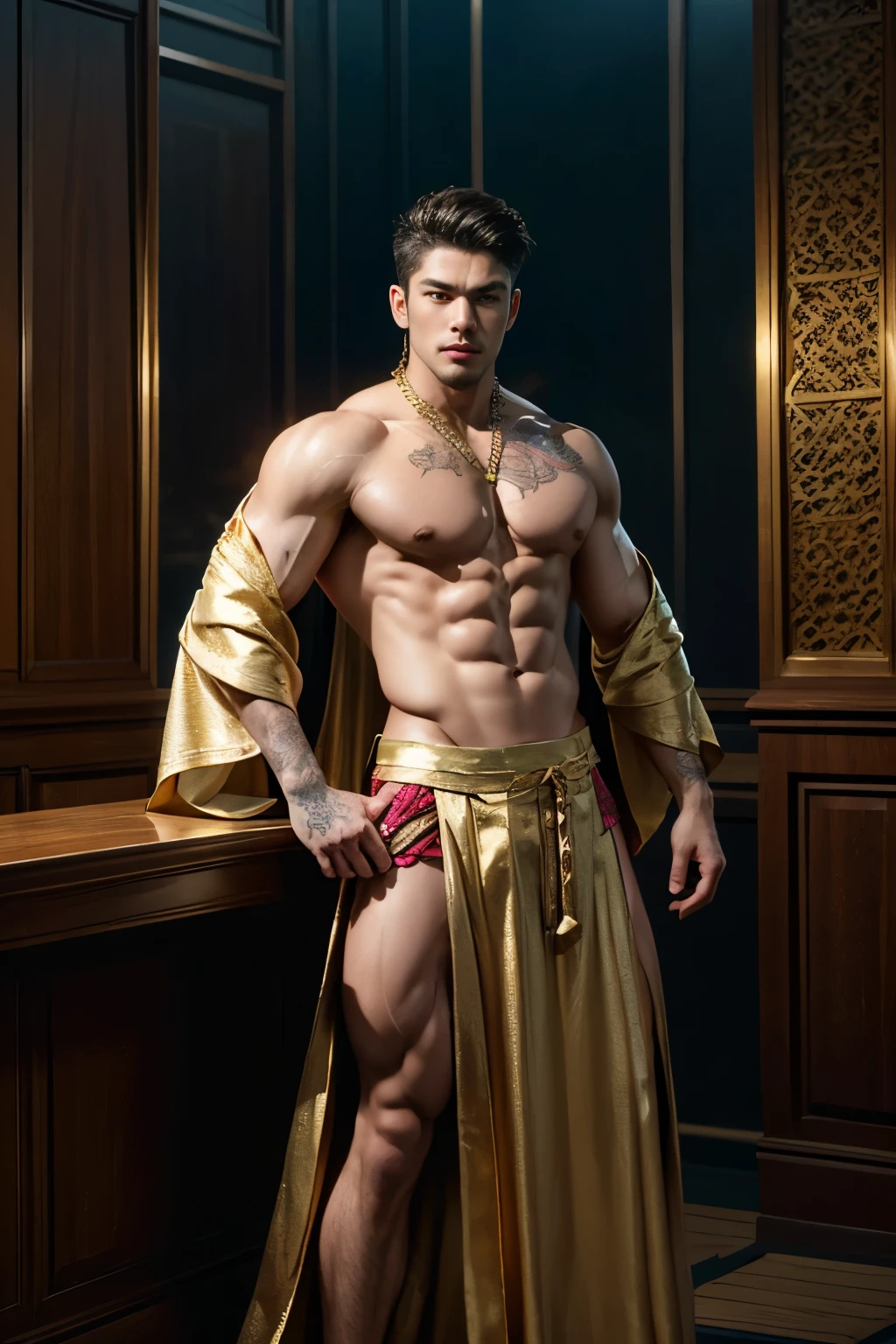 character portrait painting including full-length body image, huge muscular physique, handsome Jamaican, longshot, naked male in Arabian Nights costume, visible alien tattoos on huge muscular thighs chest and shoulders, loos elaborate kimono-style skirt, green pink gold, a magical symbol woven in gold thread into his clothing, action hero, intricate and detailed drawing