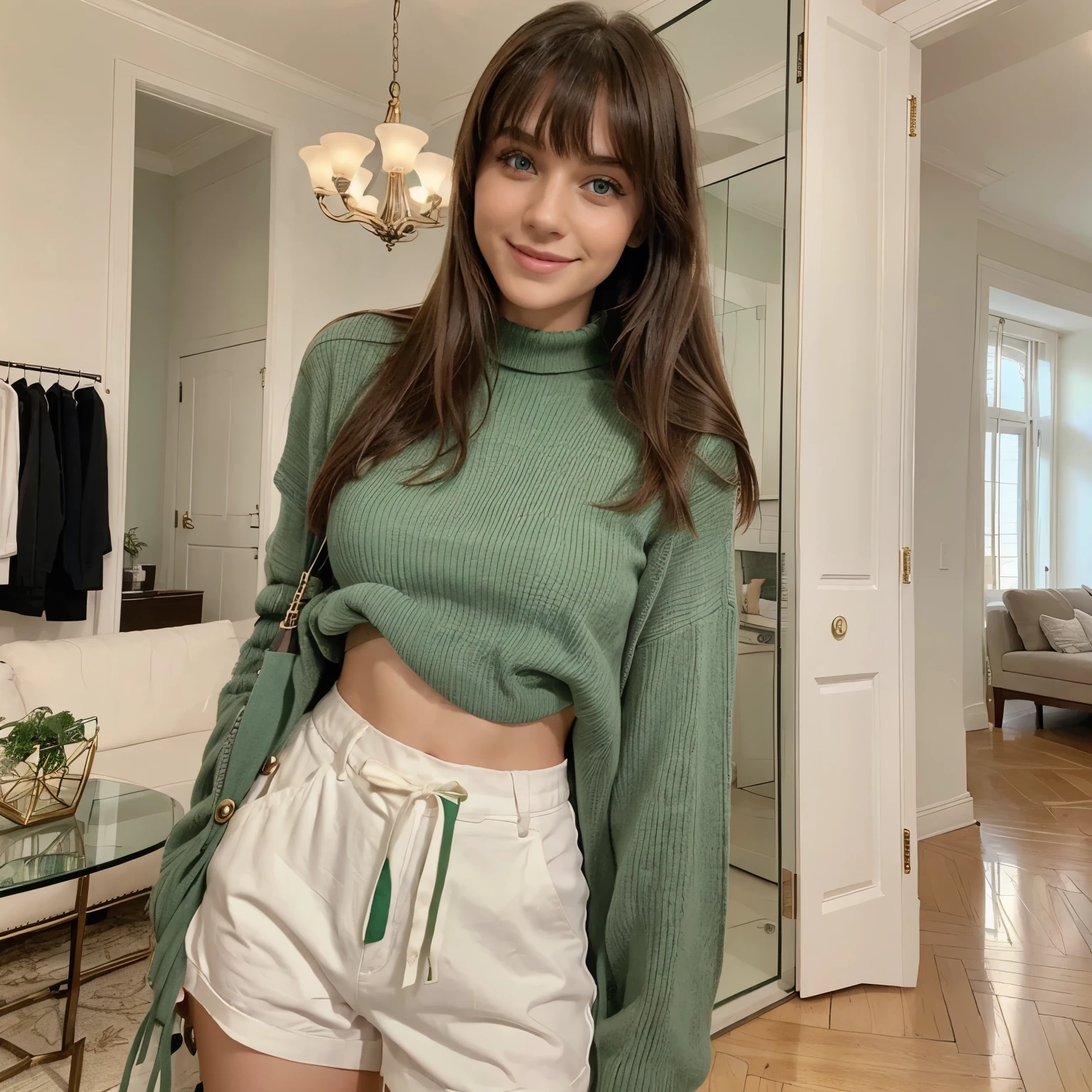 girl model bangs beautiful green eyes on fancy apartment smiling for the camera very real influencer instagram iPhone beautiful clothes 