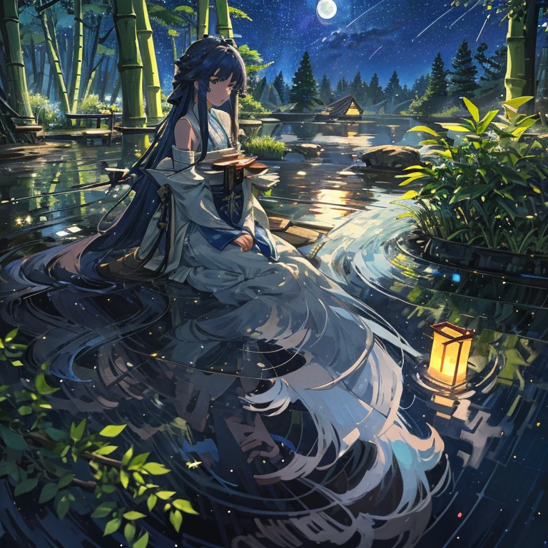 wallpaper, highly detailed, illustration, 1 girl, Azure hair, long hair, detailed eyes, full body, forest, bare shoulders, hanfu, lakes, pure, soft smile, bamboo, Tea, drinking tea, night time, starry sky, full moon, short hem