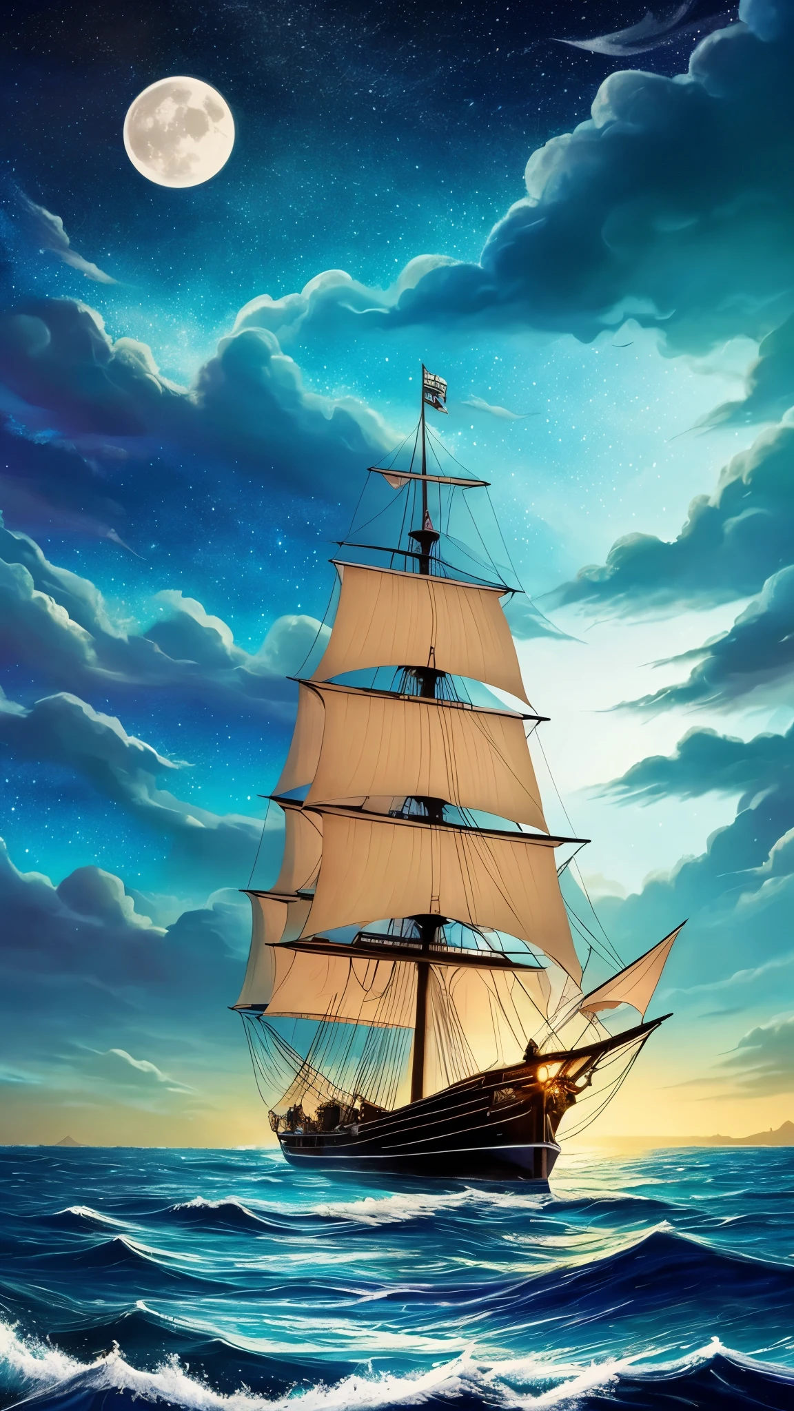 A majestic pirate ship adorned with vibrant, bioluminescent sails gracefully glides across the endless ocean, its path illuminated by the mesmerizing glow of countless stars scattered across the night sky. The luminous beauty of this nocturnal scene is brought to life in intricate detail, capturing the ethereal essence of the bioluminescent realm. Let your imagination sail away and paint this awe-inspiring moment with your creative brushstrokes. The final masterpiece, a testament to the allure of the night and the mystical allure of the sea. --ar 16:9 --v 5.2