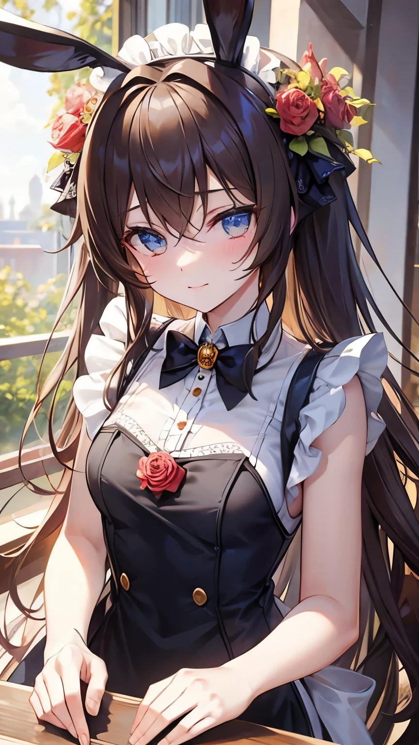 (brown hair), hair one side up, from below, ((rabbit ears)), maid headdress, (((masterpiece))), ((textured skin)), (((high details))), highres, cute, lovely, maid, apron dress, ((rose garden)), sunlight