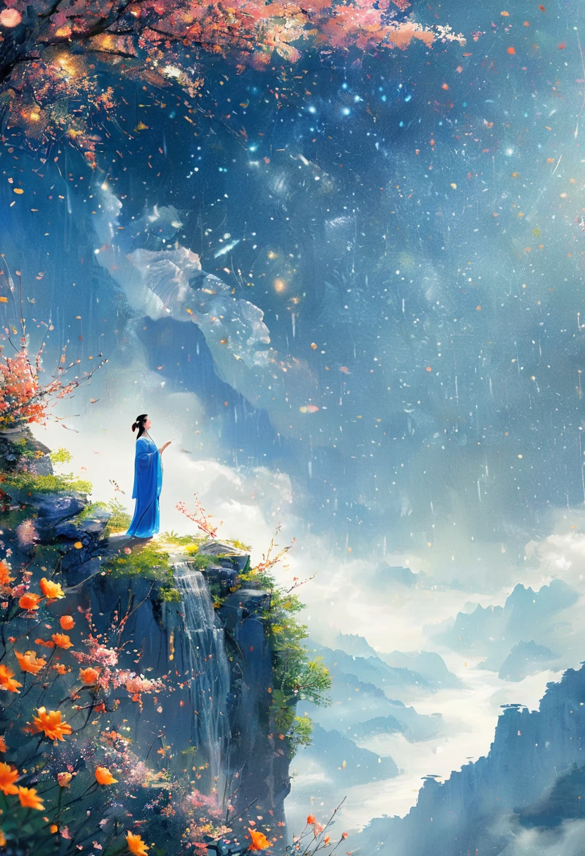 Cai GuoRUN's illustration style, 1girl，A woman in a long skirt stands on a cliff and looks up at the starry sky，Goddess of space，Milky Way Goddess，Goddess of Heaven，Astral Ethereal，dream，Beautiful celestial wizard，Beautiful fantasy painting，Beautiful fantasy art，Ethereal fantasy，非常Beautiful fantasy art，Digital Art Fantasy，enchanting and otherworldly，Fantasy Beauty，Beautiful art rendered in Ultra HD 4K by Octane，Volumetric Light，Natural soft light，(Ultra-delicate:1.2，Loss of focus:1.2，Colorful，Movie Lighting，Chiaroscuro，Ray Tracing)，masterpiece，Super rich，Ultra Detailed，8k, 1cgrssh1