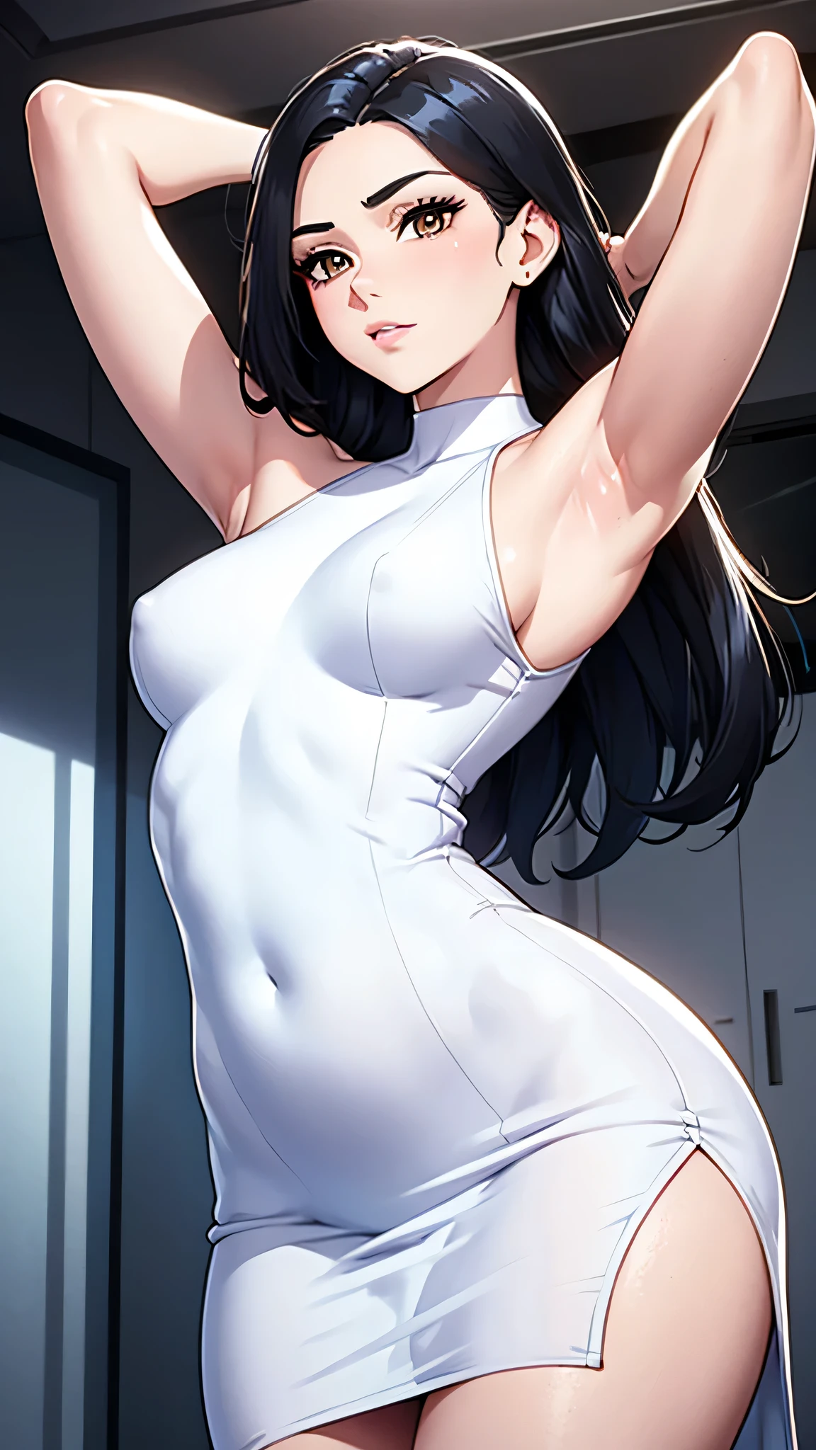8K,high quality,animated,married woman,pale,beautiful,small face,clean,bright,eye highlights,beautiful line drawing. Black hair, white skin, brown eyes, flashy black dress, sleeveless clothing, arms raised to show armpits, arms raised to show armpits, depicted from head to belly,