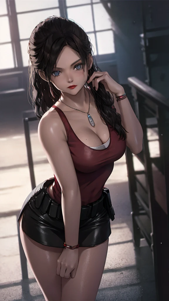 beautiful girl, 18 years old, medium breasts,wet, camel toe, red lips ,
Black tank top, Short, tight, black skirt, sexy pose,
Resident evil, Claire Redfield,