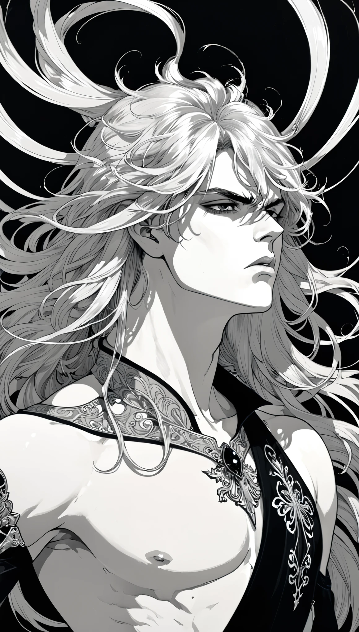 in style of Aubrey Beardsley,full body,paladin,contemptuous eyes,loose long flying hair,heroic,dynamic action,(an expression of contempt:1.3),(half-closed eyes:1.2),scowl,(heavy_breathing:1.2),Silver long hair,(aggressive:1.2),(a sense of oppression:1.1),(strong emotional expression:1.2),strong facial muscle changes,(pupillary strabismus:1.1),(adjusting hair:1.3),(from_side:1.3),(from_below:1.5),