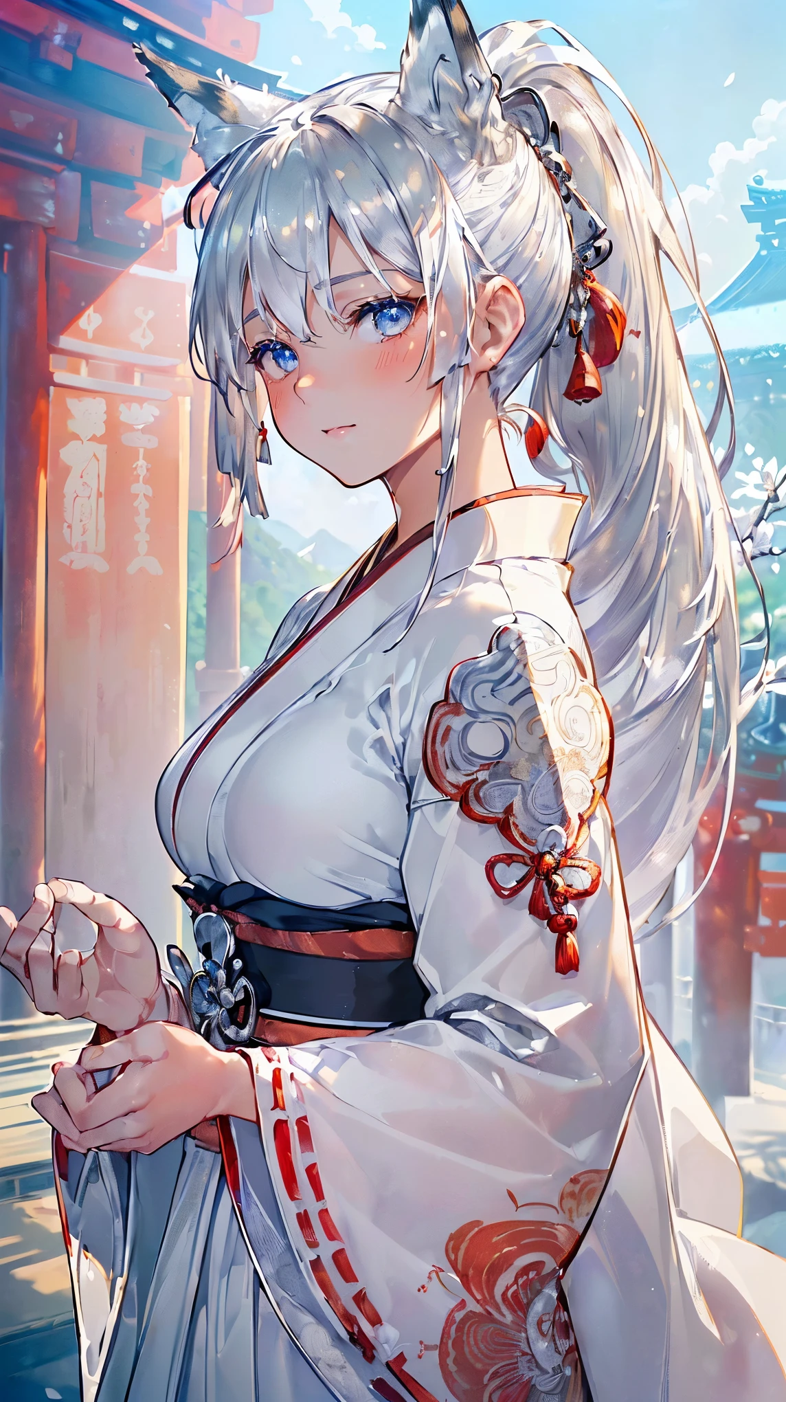 (((Masterpiece))), (((Highest quality))), ((Ultra-detailed)), ((Super fine illustration)), ((Ultra-fine painting)), (16K highest quality wallpaper:1.4), (Upper body:1.6), HDR, (Highly detailed and delicate illustration style:1.8), Detailed skin texture, Detailed cloth texture, Extreme detailed description, (T-masterpiece), (Highly detailed face:1.2), (Highly detailed silver fox ears:1.4), (Highly detailed shiny ponytail:1.2), (Highly detailed beautiful eyes:1.2), Original, RAW photo, Professional, Intricate details, Super details, Direct light:1.6, (Perfect anatomy:1.4), (Highly detailed hands:1.2), (Highly detailed fingers:1.2), (Highly detailed fingertips:1.2), (27-years-old), Real, (Solo:1.6), ((A very beautiful and attractive silver fox model who is a messenger of God and a traditional Japanese sacred shrine maiden:1.4)) BRAKE (Beautiful and adorable silver fox ears:1.8), (Highly detailed and delicate silver fox ears:1.6), (Beautiful and well-shaped big breasts:1.2), (Beautiful and well-shaped buttocks), (Beautiful and shiny silver ponytail:1.6), (Highly detailed and delicate silver ponytail:1.2), (Beautiful clear blue eyes that shine with great detail:1.6), (Highly detailed and delicate blue eyes:1.2), (Highly detailed face:1.4), (Smile:1.3), (Blush:1.2), (Looking at viewer:1.4), (Celebration:1.4), (Standing:1.2) BRAKE ((Brightly white and red colored) and divine traditional shrine maiden costumes at Japanese shrines:1.4), (Japanese divine traditional costume:1.2) BRAKE (Highly detailed and beautiful Ise Grand Shrine in Mie Prefecture just after noon in spring in the background:1.6), (Celebration:1.4), Highly beautiful in the sunny sky background just after noon:1.2 BRAKE 
