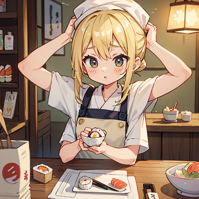 A blonde woman with a towel around her head holding sushi in a sushi restaurant Wearing an apron