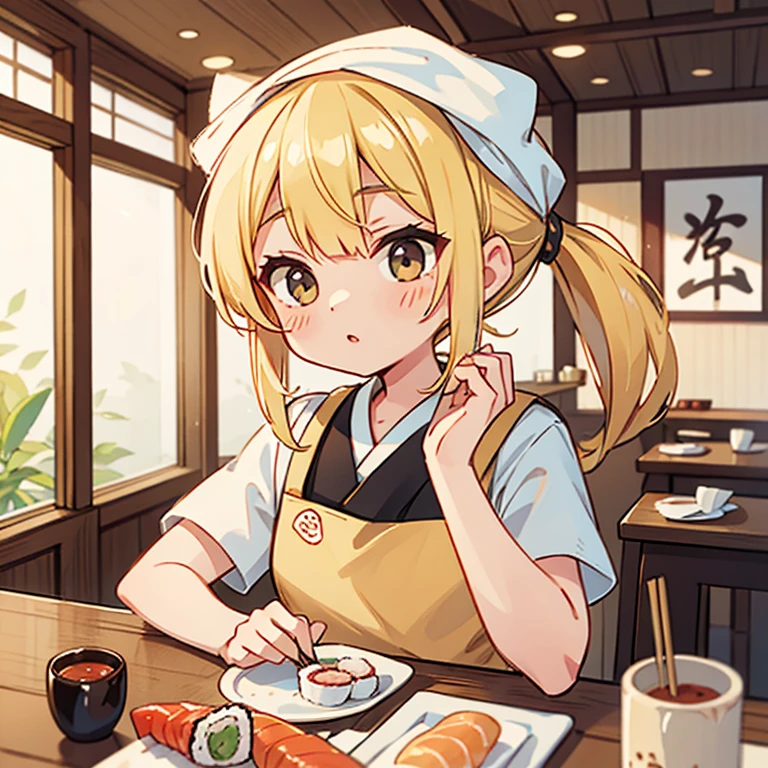 A blonde woman with a towel around her head holding sushi in a sushi restaurant Wearing an apron