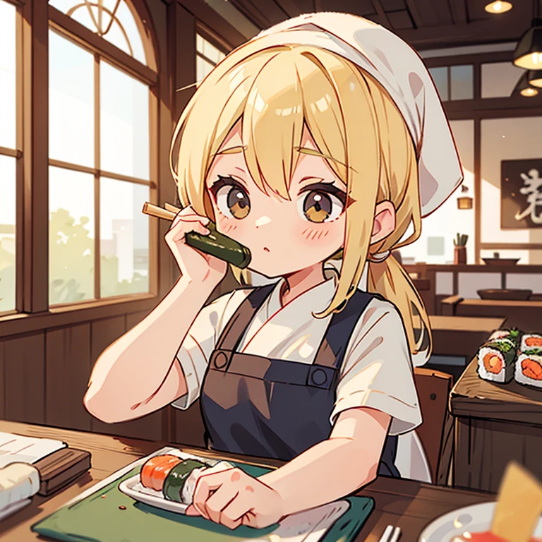 A blonde woman with a towel around her head holding sushi in a sushi restaurant　Wearing an apron