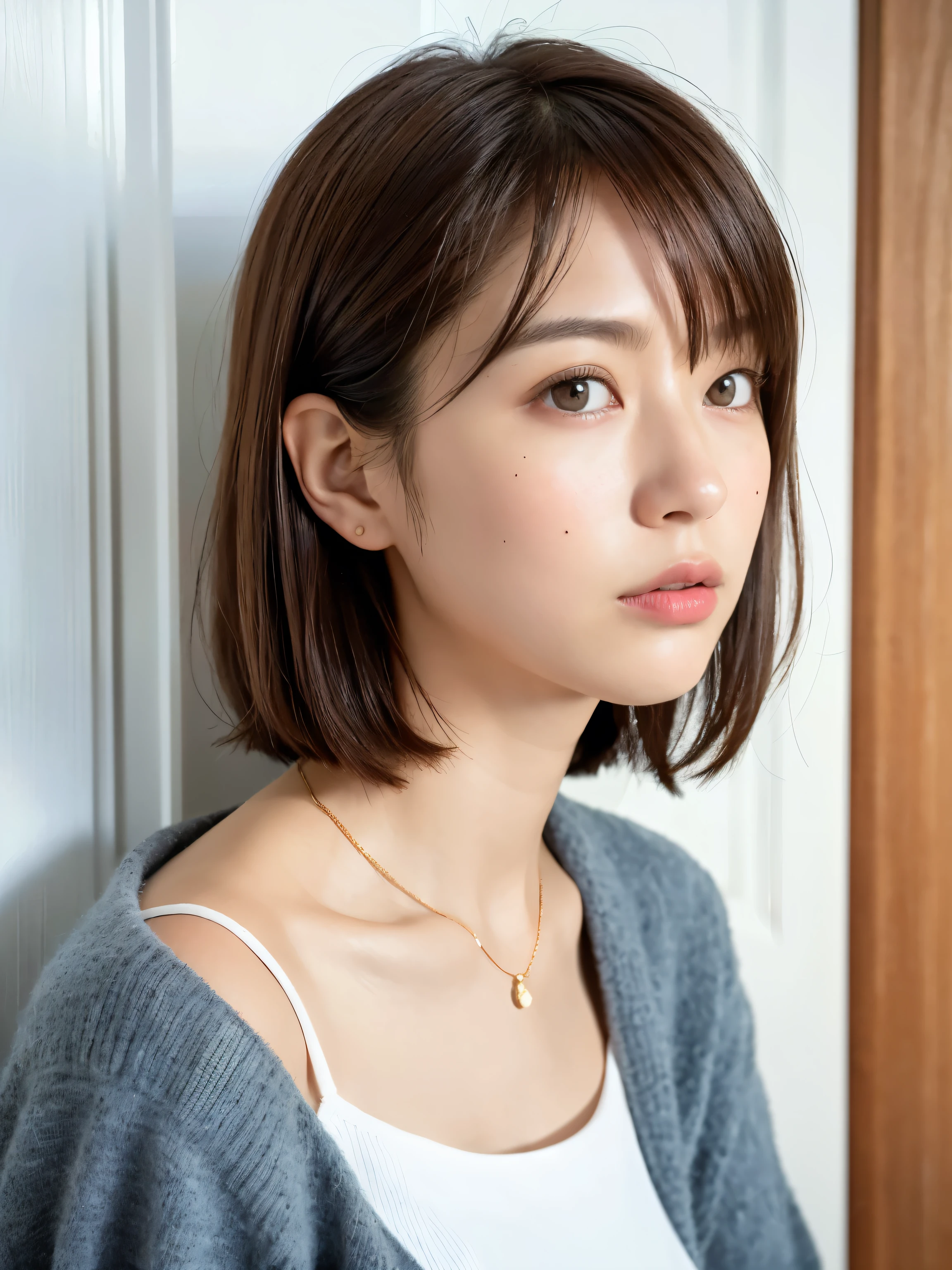 White wall、In front of a white door、(窓のあるWhite wallの部屋)、shot in natural light、Highly detailed face and skin texture、Highly detailed lips、The correct state of the human body、超A high resolution、(Photorealistic:1.4)、highest quality, One beautiful woman, 36 years old, s, 35mm lens、Light Blue Knit、(Dark brown medium short hair)、Black-haired、Japanese woman with bob hair、(Dark brown hair)、Various poses、Don't look at the camera、profile、Natural color lip、Autumn Clothes、Winter clothes、 necklace