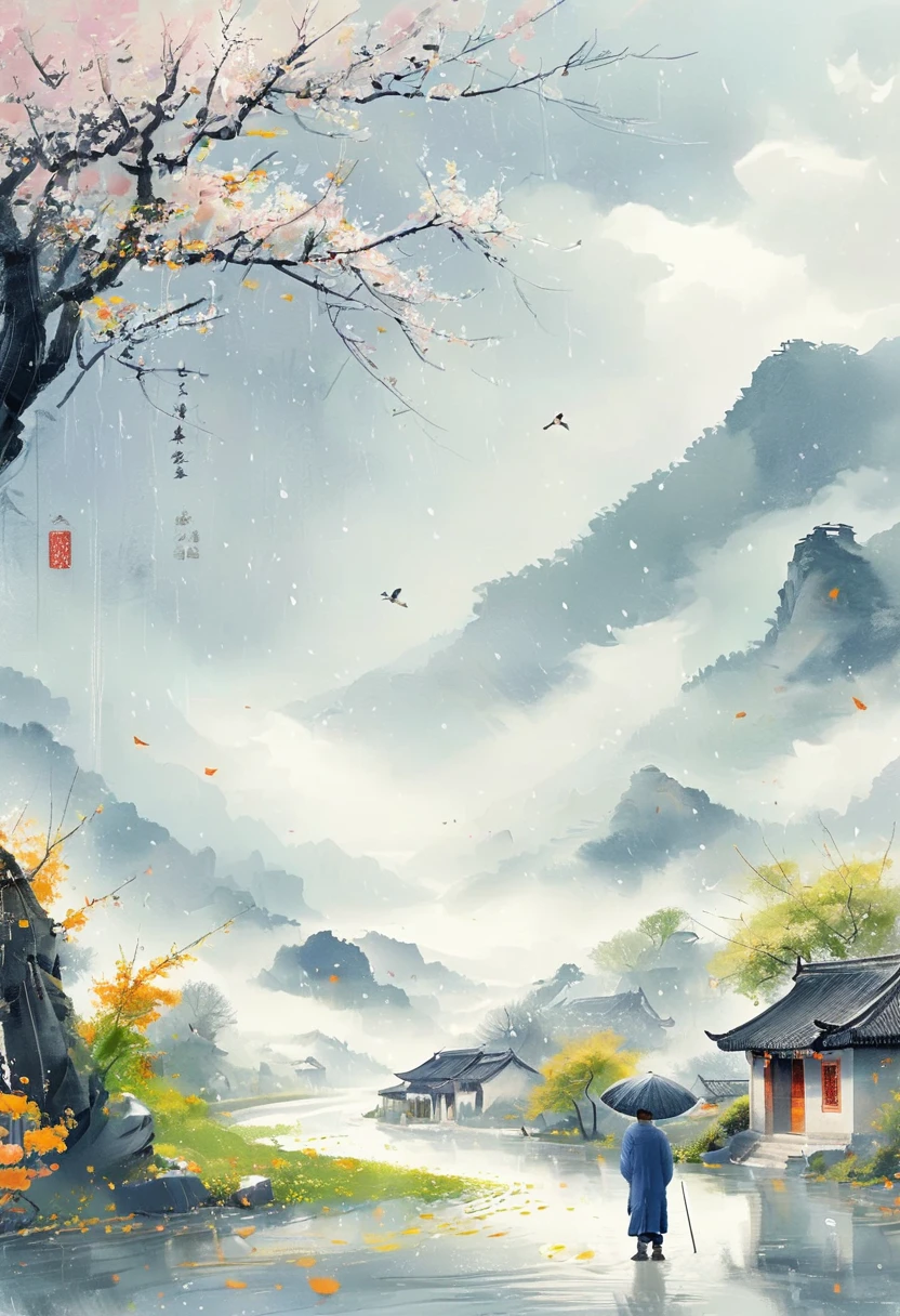 Cai GuoRUN's illustration style, Rainy Qingming season, Under a willow tree, A shepherd boy, amidst the rain, points into the distance, indicating the direction to Apricot Blossom Village, spring is full of freshness, rich details, spring scene, flat design, soft colors, vibrant tones, Chinese traditional painting elements, photorealistic, Minimal composition, High saturation and high contrast,rich light and shadow details, sharp contrast and clean lines, 1cgrssh1