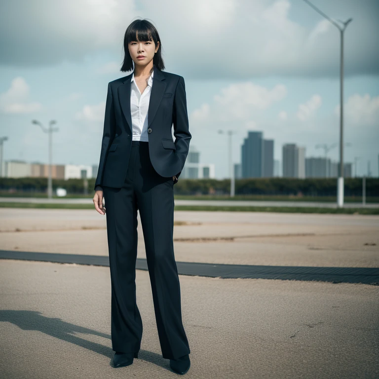Tech Black, Calm cyberpunk style, A vacant lot with a nice texture, Walking Girl, thin:1.2, ponytail_weave_Hairstyle, bangs, Navy Silk Business Suit, pants suit, Frank, masterpiece, highest quality, RAW Photos, Sigma 50mm f1.4, Diffused light on a cloudy day