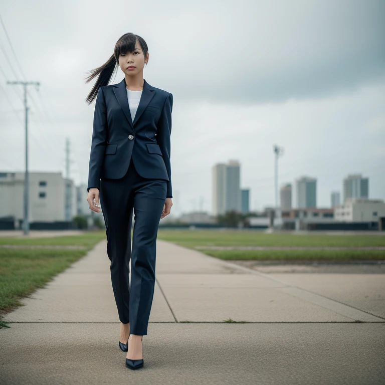 Tech Black, Calm cyberpunk style, A vacant lot with a nice texture, Walking Girl, thin:1.2, ponytail_weave_Hairstyle, bangs, Navy Silk Business Suit, pants suit, Frank, masterpiece, highest quality, RAW Photos, Sigma 50mm f1.4, Diffused light on a cloudy day