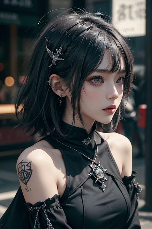 top-quality、8K、masterpiece:1.3、Gothic punk、Red inner color、A grey dark-haired、hair adornments、a beauty girl、creative、dark fantasy style、Neogos、Goth Fashion:1.2、hight resolution、masterpiece、top-quality、headw:1.3、((Hasselblad photo))、Fine-grained skin、Sharp Focus、(lighting like a movie)、Realistic texture m hair, black crow in the shoulder
