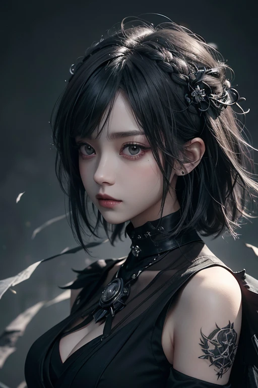 top-quality、8K、masterpiece:1.3、Gothic punk、Red inner color、A grey dark-haired、hair adornments、a beauty girl、creative、dark fantasy style、Neogos、Goth Fashion:1.2、hight resolution、masterpiece、top-quality、headw:1.3、((Hasselblad photo))、Fine-grained skin、Sharp Focus、(lighting like a movie)、Realistic texture m hair, black crow in the shoulder