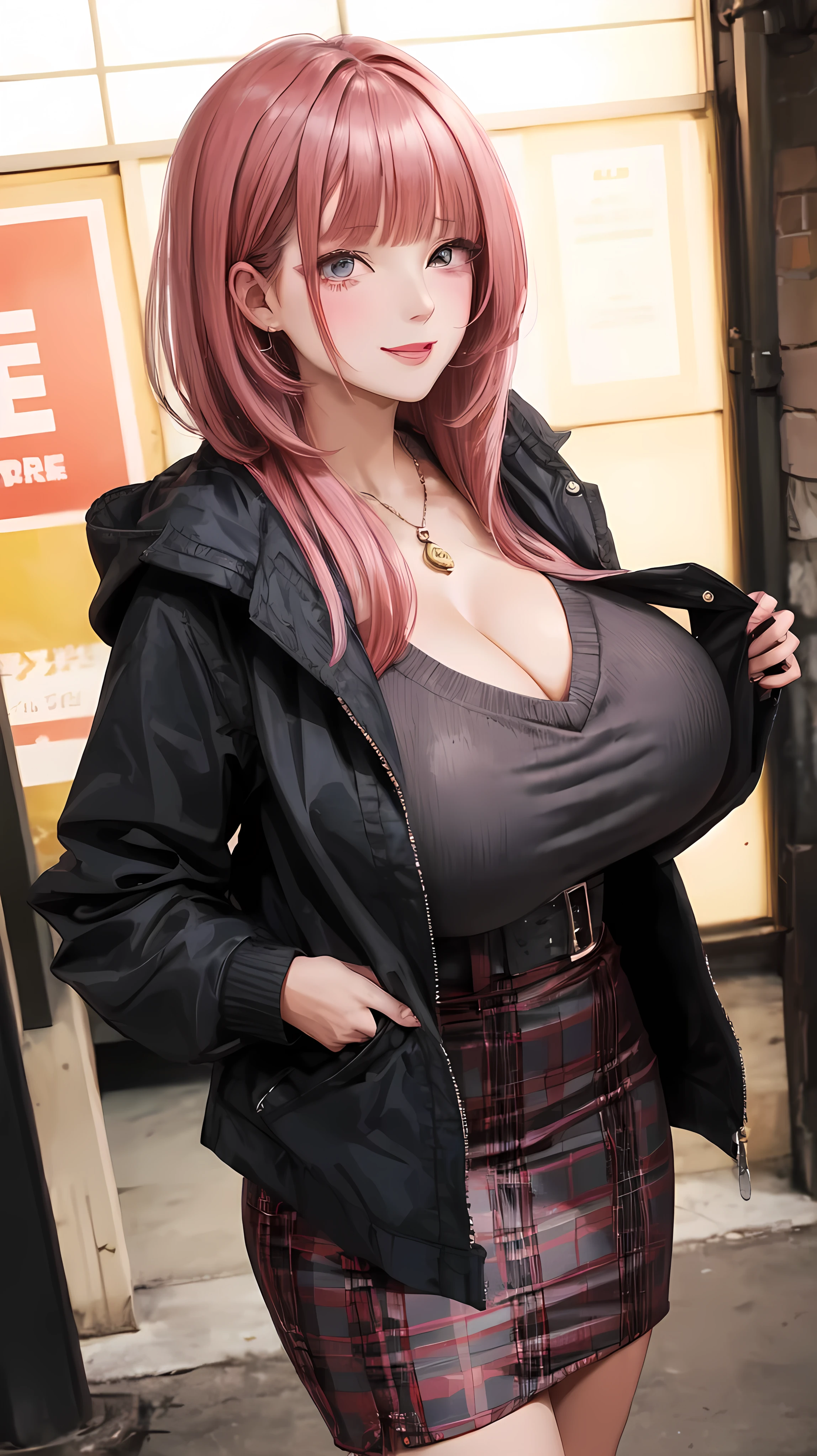 (((face focus))),((solo)),eyeshadow,lip,Shiny eyelashes,mature woman,huge breasts,gigantic breasts,( bangs,straight hair),pink hair, (cowboy shot),smile,Pencil skirts, plaids, sweaters, long sleeves, cleavage, coats,