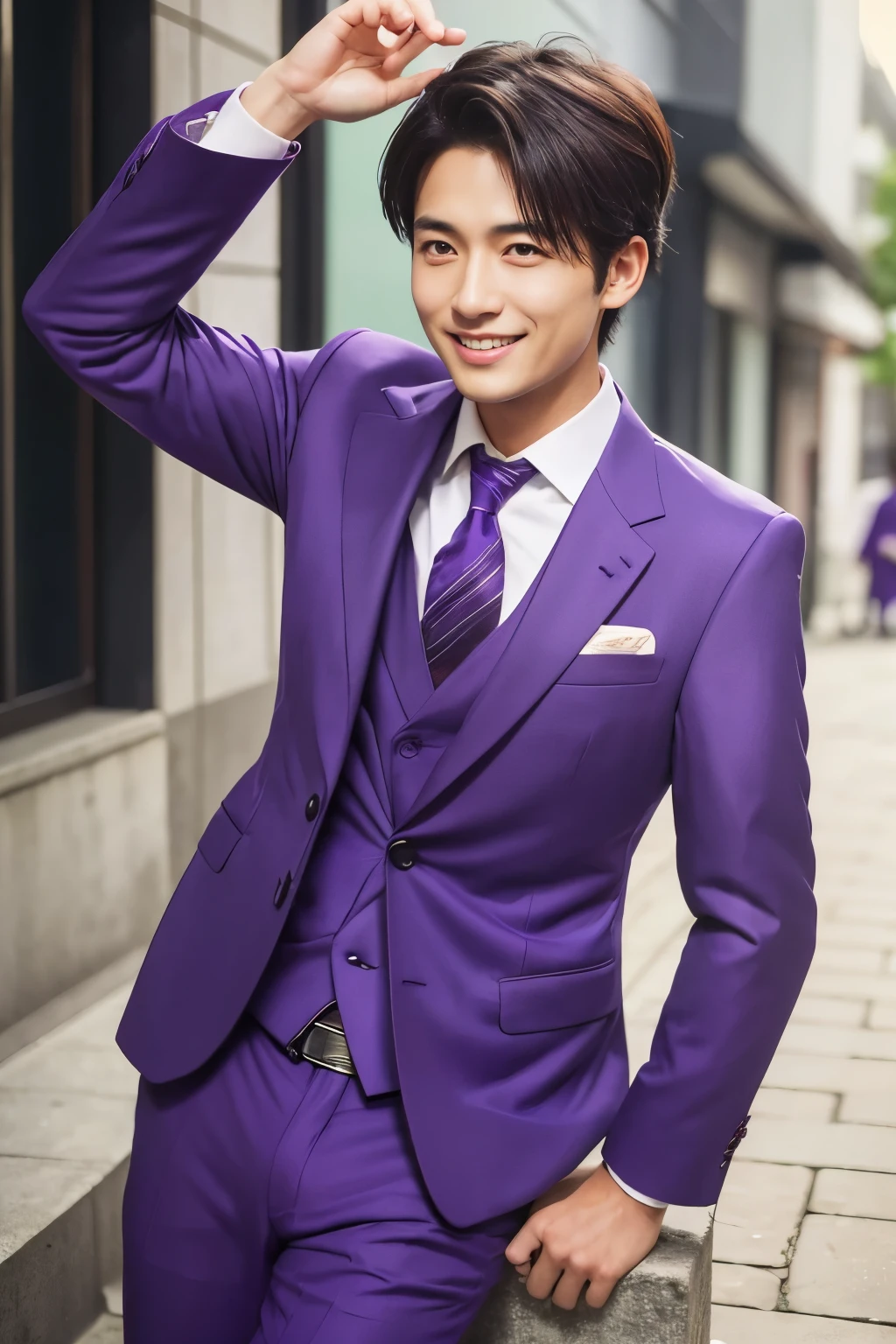 (highest quality、Best image quality、超A high resolution)、Japanese、Handsome man、30 years old、Happy young Japanese businessman president、Very attractive businessman, (((Purple Suit:1.5)))、masterpiece、Photo realistic、The background is blurred、Big smile、Latest stylish suits 、Medium Hair、Super cool、Twink、Soft skin and a nice perfect face、8k、Surreal、