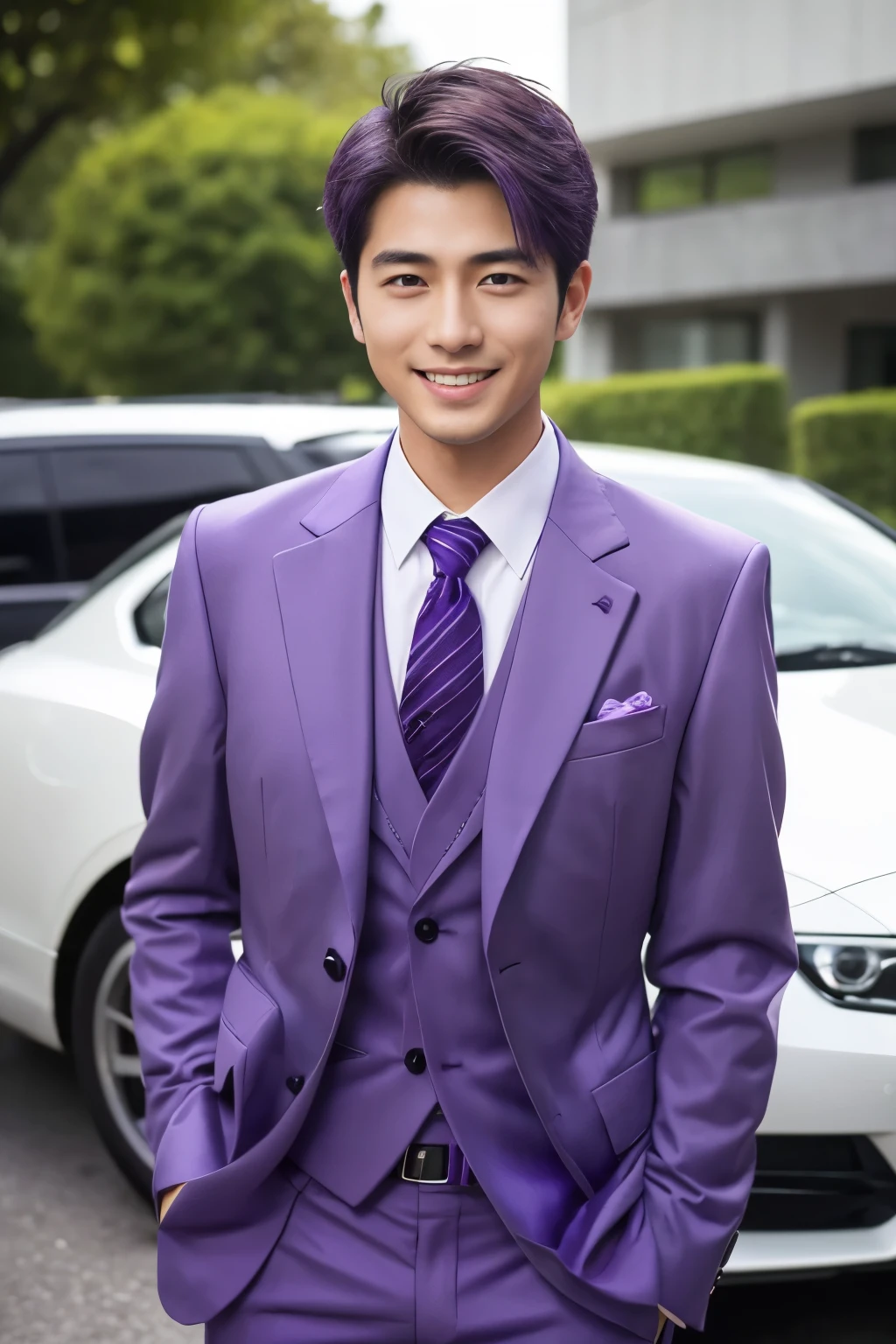 (highest quality、Best image quality、超A high resolution)、Japanese、Handsome man、30 years old、Happy young Japanese businessman president、Very attractive businessman, (((Purple Suit:1.5)))、masterpiece、Photo realistic、The background is blurred、Big smile、Latest stylish suits 、Medium Hair、Super cool、Twink、Soft skin and a nice perfect face、8k、Surreal、