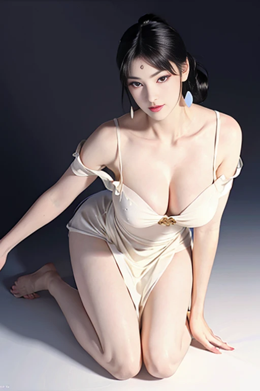 (Very large round breasts: 1.6), (Full body: 1.3), very delicate and beautiful, masterpiece, highest quality, ultra high resolution, 16k, photorealistic, ultra detail, narrow eyes, 1 girl, all white, forehead, black hair , solo, ((very voluptuous glamor)), narrow slit eyes, dark eyes, sparkling eyes, black hair, gloves, dress, luxurious jewelry, earrings, piercing eyes, elbow grooves, hair tied back with hands raised, transparent Demi - cup off-shoulder bra in random colors, transparent short dress in random colors, long eye makeup, narrow eyes, smile, lipstick, complex petal pattern, rim light, backlight, pastel color, studio lighting.