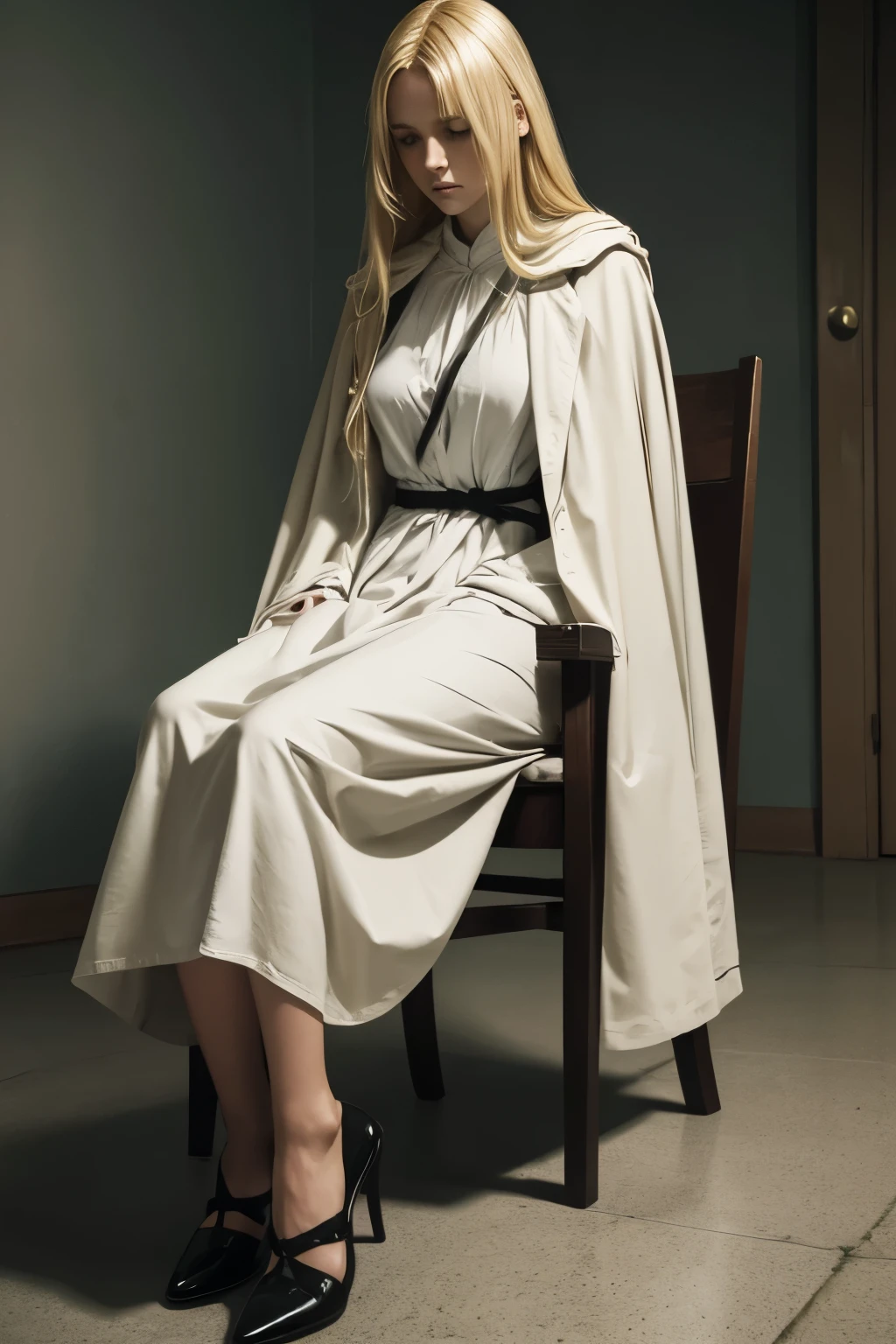 Image of a depressed blonde Caucasian woman in long clothes, legs covered (not sexualized) in a straitjacket tied to a chair in a dark mental hospital