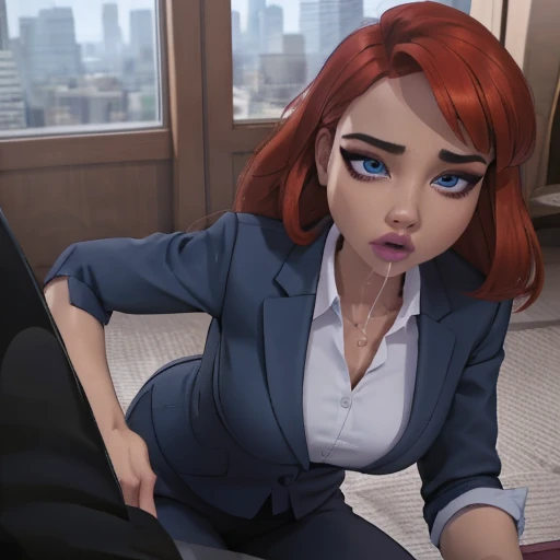 (masterpiece, high quality) woman, formal business suit, shirt, pants, solo , looking at viewer, perfect face, suits Navy blue, crystal blue eyes, eyelashes, makeup, blowing job, blowjob, bust cum