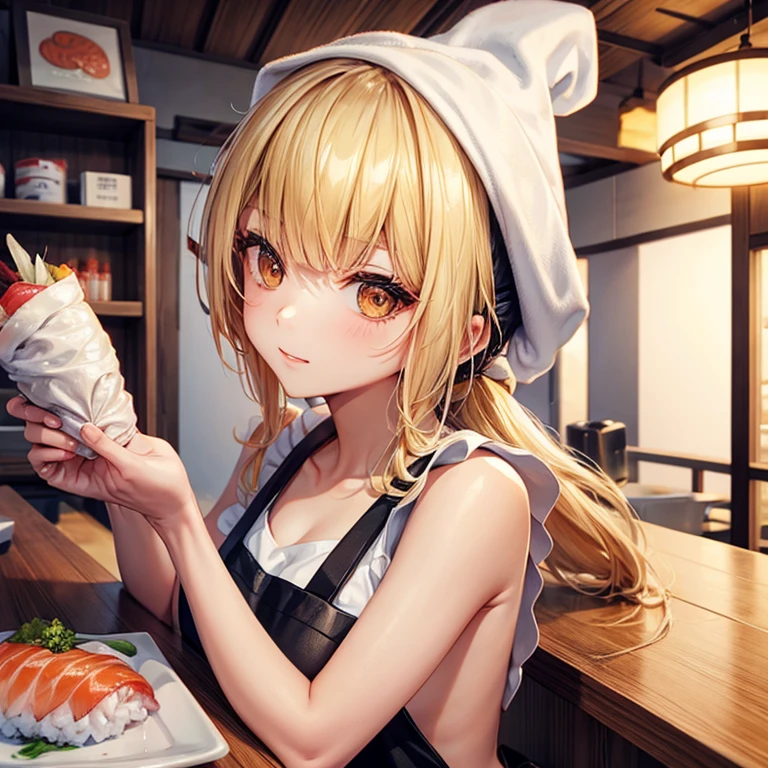 A blonde woman with a towel around her head holding sushi in a sushi restaurant　Wearing an apron