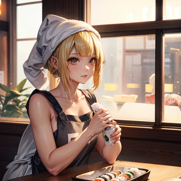 A blonde woman with a towel around her head holding sushi in a sushi restaurant　Wearing an apron