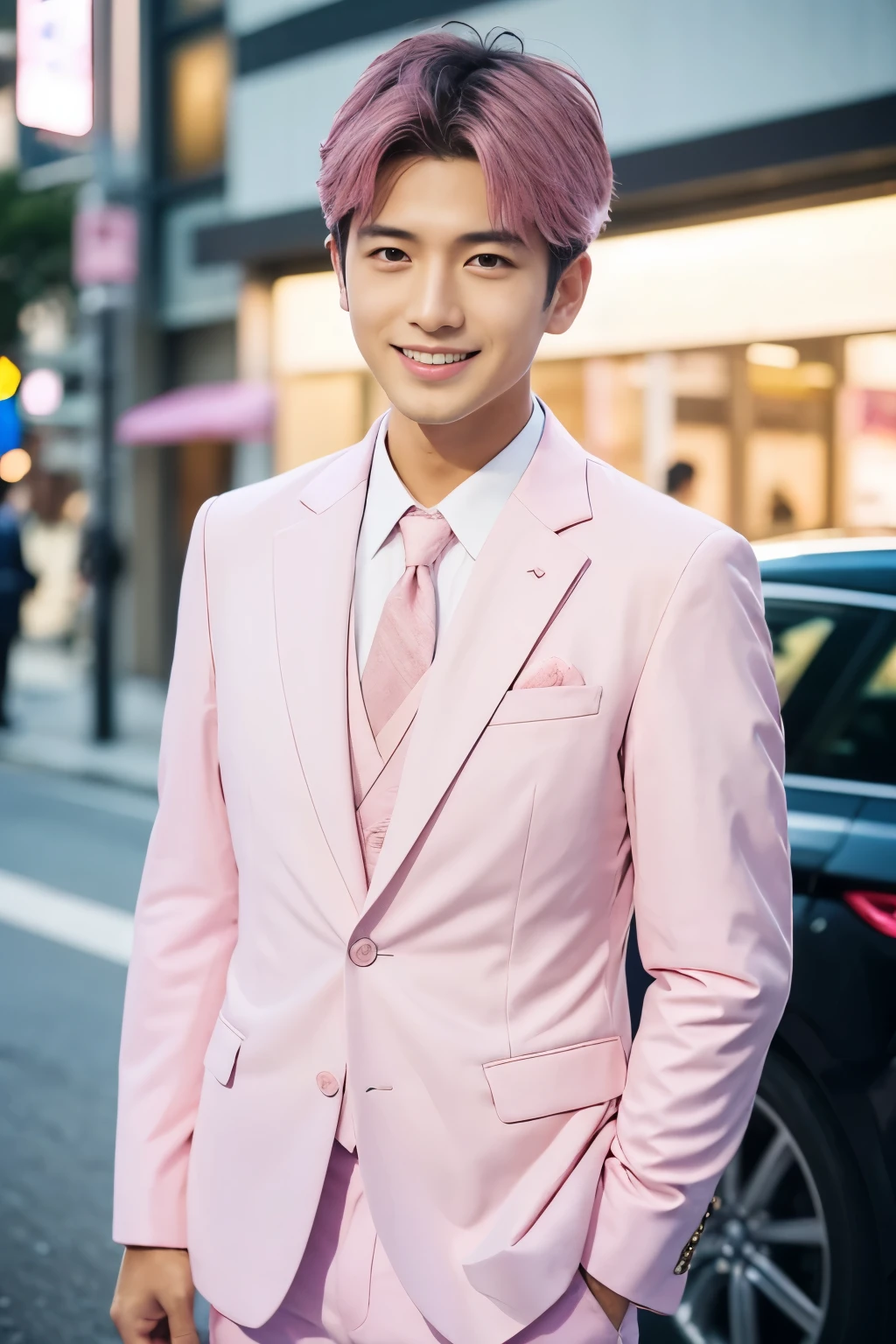 (highest quality、Best image quality、超A high resolution)、Japanese、Handsome man、30 years old、Happy young Japanese businessman president、Very attractive businessman, (((Pink suit:1.5)))、masterpiece、Photo realistic、The background is blurred、Big smile、Latest stylish suits 、Medium Hair、Super cool、Twink、Soft skin and a nice perfect face、8k、Surreal、