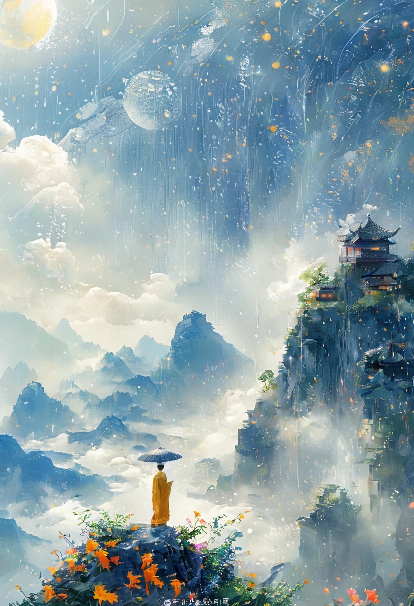 Cai GuoRUN's illustration style, 1girl，A woman in a long skirt stands on a cliff and looks up at the starry sky，Goddess of space，Milky Way Goddess，Goddess of Heaven，Astral Ethereal，dream，Beautiful celestial wizard，Beautiful fantasy painting，Beautiful fantasy art，Ethereal fantasy，非常Beautiful fantasy art，Digital Art Fantasy，enchanting and otherworldly，Fantasy Beauty，The beautiful art of Octane UHD 8K rendering，Volumetric Light，Natural soft light，(Ultra-delicate:1.2，Loss of focus:1.2，Colorful，Movie Lighting，Chiaroscuro，Ray Tracing)，masterpiece，Super rich，Ultra Detailed，8k, 1cgrssh1