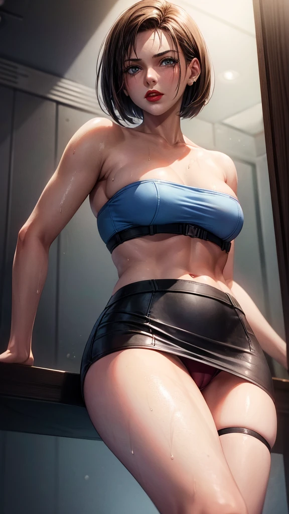beautiful girl, 18 years old, medium breasts,wet, camel toe, red lips ,
Blue strapless shirt, black short skirt, sexy pose,
Resident evil, Jill Valentine,
