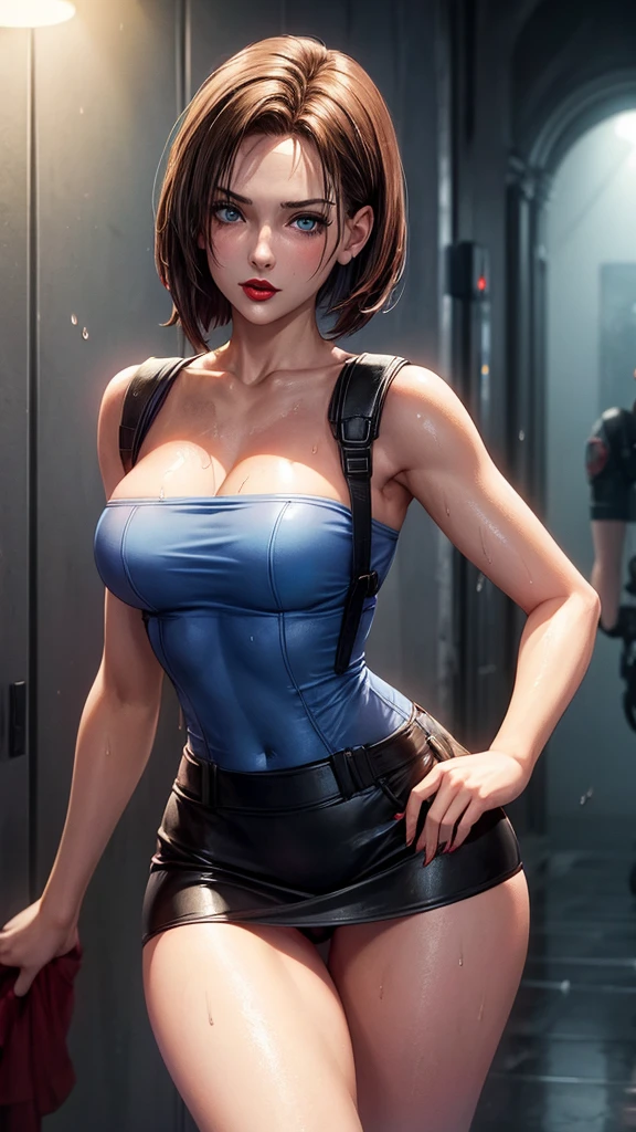beautiful girl, 18 years old, medium breasts,wet, camel toe, red lips ,
Blue strapless shirt, black short skirt, sexy pose,
Resident evil, Jill Valentine,