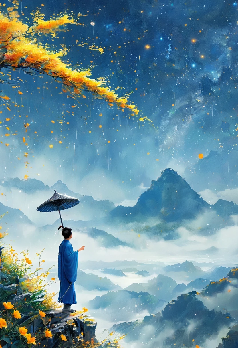 Cai GuoRUN's illustration style, 1girl，A woman in a long skirt stands on a cliff and looks up at the starry sky，Goddess of space，Milky Way Goddess，Goddess of Heaven，Astral Ethereal，dream，Beautiful celestial wizard，Beautiful fantasy painting，Beautiful fantasy art，Ethereal fantasy，非常Beautiful fantasy art，Digital Art Fantasy，enchanting and otherworldly，Fantasy Beauty，The beautiful art of Octane UHD 8K rendering，Volumetric Light，Natural soft light，(Ultra-delicate:1.2，Loss of focus:1.2，Colorful，Movie Lighting，Chiaroscuro，Ray Tracing)，masterpiece，Super rich，Ultra Detailed，8k, 1cgrssh1