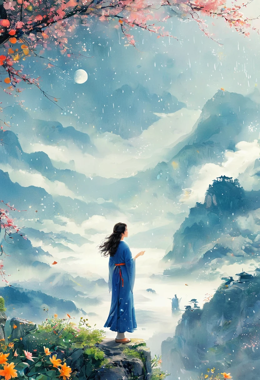 Cai GuoRUN's illustration style, 1girl，A woman in a long skirt stands on a cliff and looks up at the starry sky，Goddess of space，Milky Way Goddess，Goddess of Heaven，Astral Ethereal，dream，Beautiful celestial wizard，Beautiful fantasy painting，Beautiful fantasy art，Ethereal fantasy，非常Beautiful fantasy art，Digital Art Fantasy，enchanting and otherworldly，Fantasy Beauty，The beautiful art of Octane UHD 8K rendering，Volumetric Light，Natural soft light，(Ultra-delicate:1.2，Loss of focus:1.2，Colorful，Movie Lighting，Chiaroscuro，Ray Tracing)，masterpiece，Super rich，Ultra Detailed，8k, 1cgrssh1