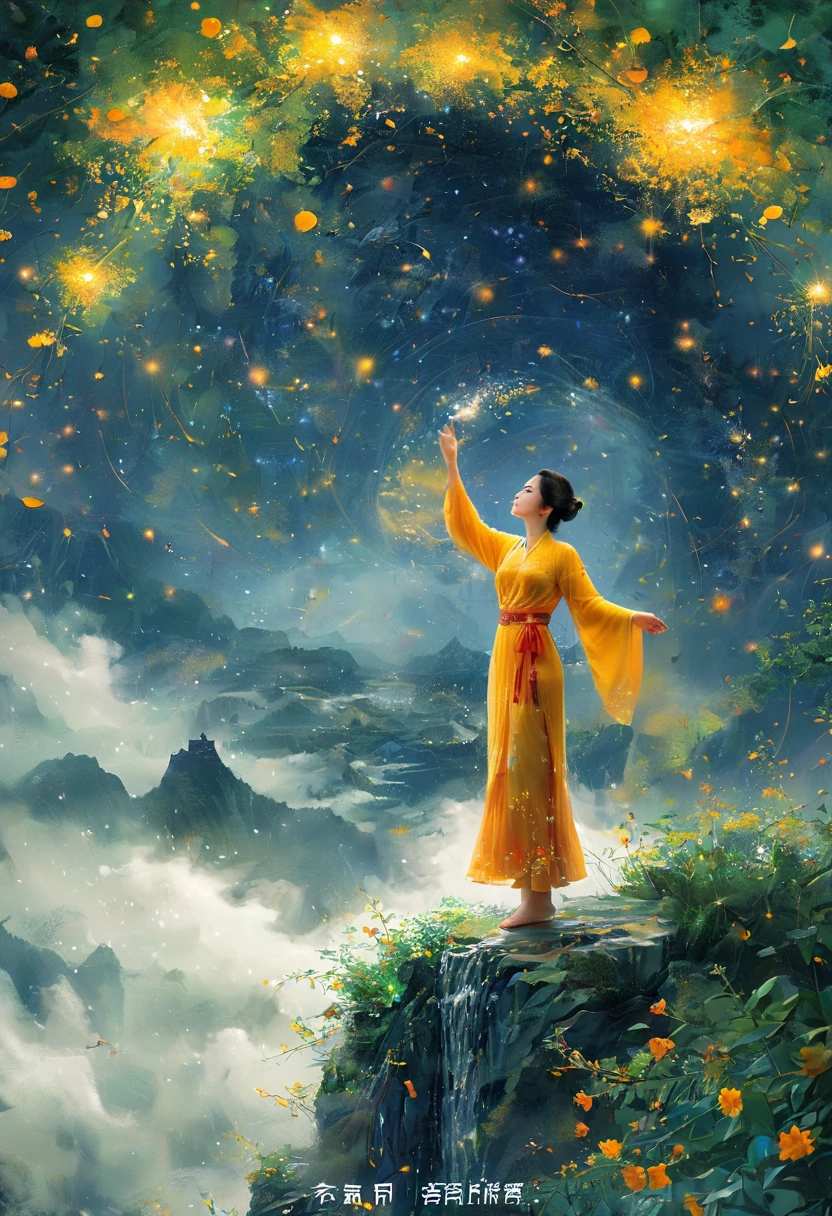 Cai GuoRUN's illustration style, 1girl，A woman in a long skirt stands on a cliff and looks up at the starry sky，Goddess of space，Milky Way Goddess，Goddess of Heaven，Astral Ethereal，dream，Beautiful celestial wizard，Beautiful fantasy painting，Beautiful fantasy art，Ethereal fantasy，非常Beautiful fantasy art，Digital Art Fantasy，enchanting and otherworldly，Fantasy Beauty，The beautiful art of Octane UHD 8K rendering，Volumetric Light，Natural soft light，(Ultra-delicate:1.2，Loss of focus:1.2，Colorful，Movie Lighting，Chiaroscuro，Ray Tracing)，masterpiece，Super rich，Ultra Detailed，8k, 1cgrssh1