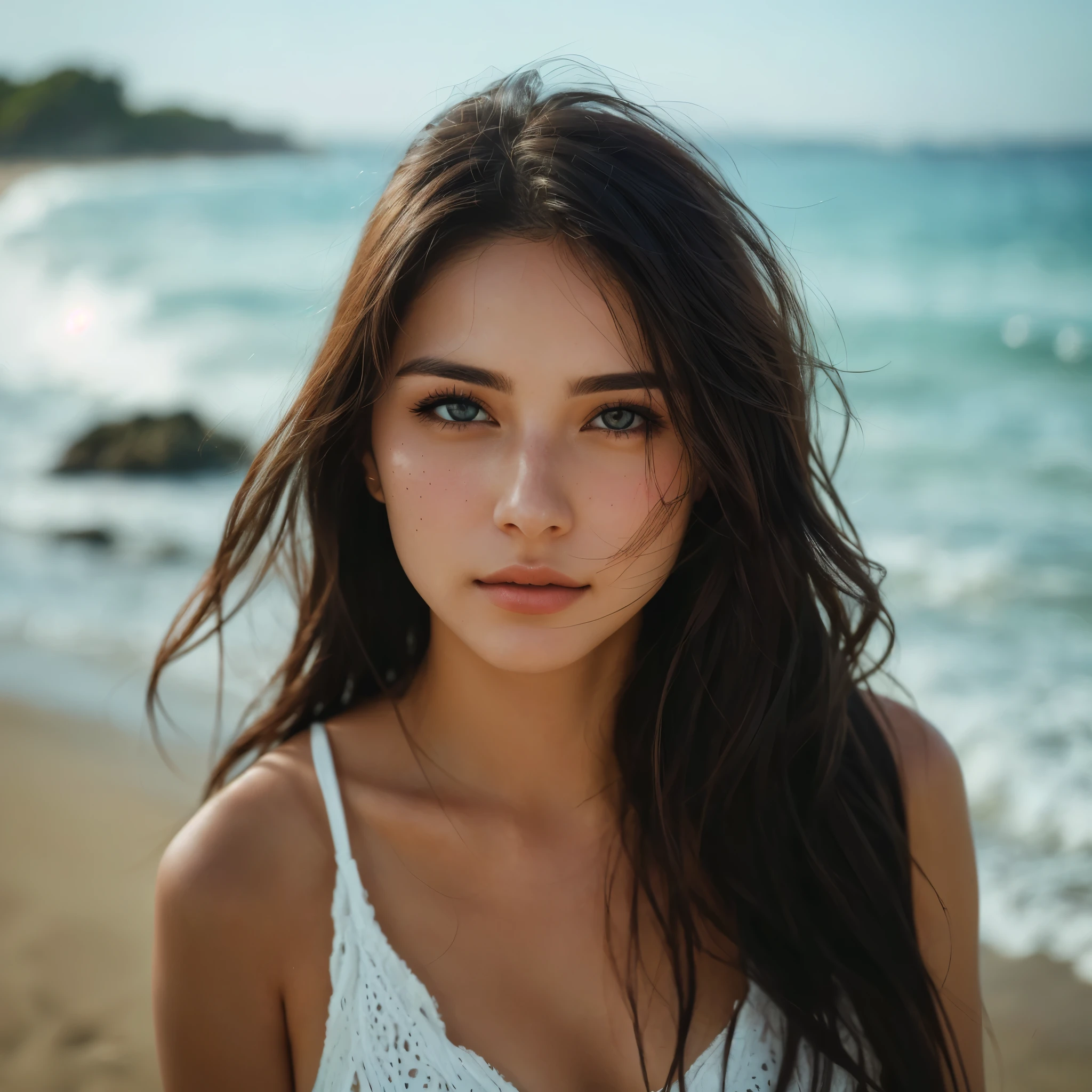 arafed woman with long hair top on the beach, photo of a beautiful woman, beautiful young woman, gorgeous attractive face, attractive woman, beautiful fine face features, gorgeous woman, soft portrait shot 8 k, tanned beauty portrait, attractive beautiful face, close up portrait of a beautiful, young beautiful woman, mid-shot portrait of a beautiful, realistic