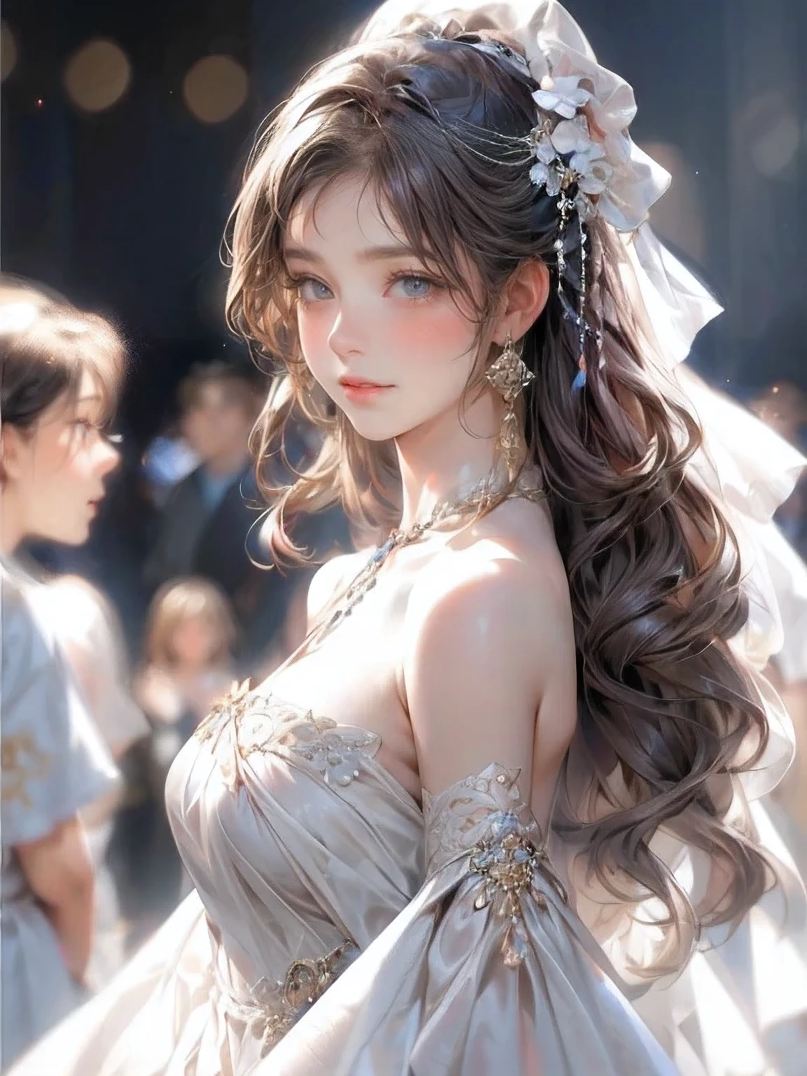 masterpiece:1.2, highest quality, 16k, highres, ultra-realistic, photorealistic:1.37, beautiful detailed:1.2, cute girl, standing in Fashion show, fashion model Striking a pose while standing elegantly on the runway, beautiful delicate artistic avant-garde revealing dress, gently smile, beautiful delicate(hair, face, long eyelash, eyes, pupils, lips, knee, anklet, dress), sparkling eyes, shining rosy lips, blushed cheek, through bangs,