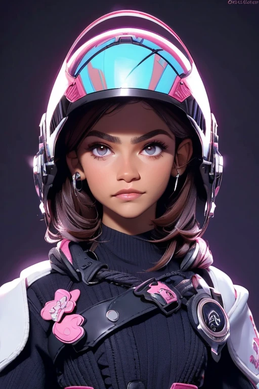 Estilo 3DMM, (obra maestra, mejor calidad, mejor calidad, Arte Oficial, Friendly and aesthetic: 1.2), (Arte Fractal: 1.3), mujer, puede, alto detallado, cabello morado con un toque de rosa, ojos rosados, dark lighting, cara seria, mirando al cielo, cielo, tiro medio, ropa de ciencia ficcion, design futurista, cables, detalles, sci-fi helmet