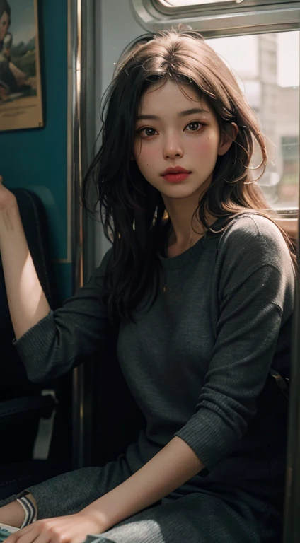 (RAW photo, best quality), (realistic, photo-realistic:1.3),best quality,highly detailed,masterpiece,ultra-detailed,illustration,1girl,full_body,dynamic angle,world masterpiece theater,messy_long_hair,best quality,extremely detailed CG unity 8k wallpaper,ink,Amazing,cinematic lighting,lens_flare, dunhuang_style, on the train