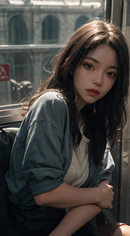 (RAW photo, best quality), (realistic, photo-realistic:1.3),best quality,highly detailed,masterpiece,ultra-detailed,illustration,1girl,full_body,dynamic angle,world masterpiece theater,messy_long_hair,best quality,extremely detailed CG unity 8k wallpaper,ink,Amazing,cinematic lighting,lens_flare, dunhuang_style, on the train