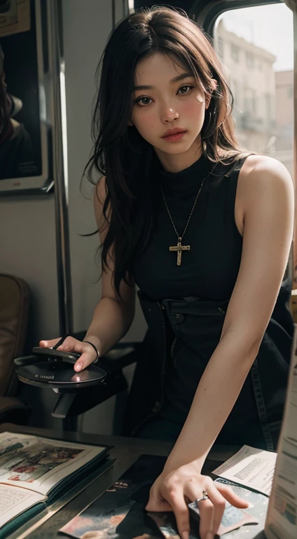 (RAW photo, best quality), (realistic, photo-realistic:1.3),best quality,highly detailed,masterpiece,ultra-detailed,illustration,1girl,full_body,dynamic angle,world masterpiece theater,messy_long_hair,best quality,extremely detailed CG unity 8k wallpaper,ink,Amazing,cinematic lighting,lens_flare, dunhuang_style, on the train