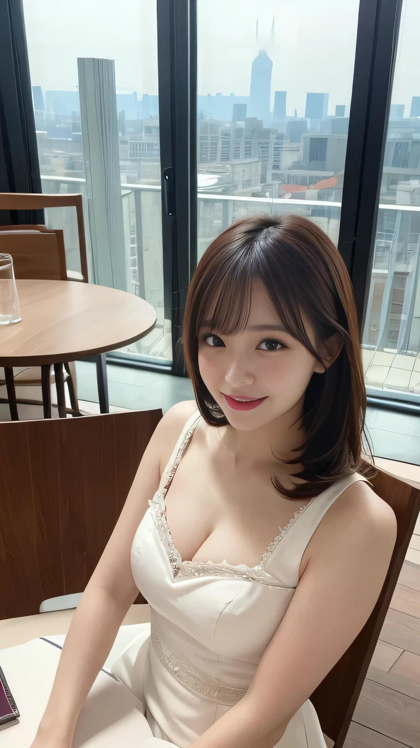 Tabletop, highest quality, figure, Very detailed, In detail, High resolution, 8k wallpaper, Perfect dynamic composition, Beautiful fine details, dress,Medium Hair, In the middle of a large chest, Natural color lip, Random sexy poses,smile,Tower apartment