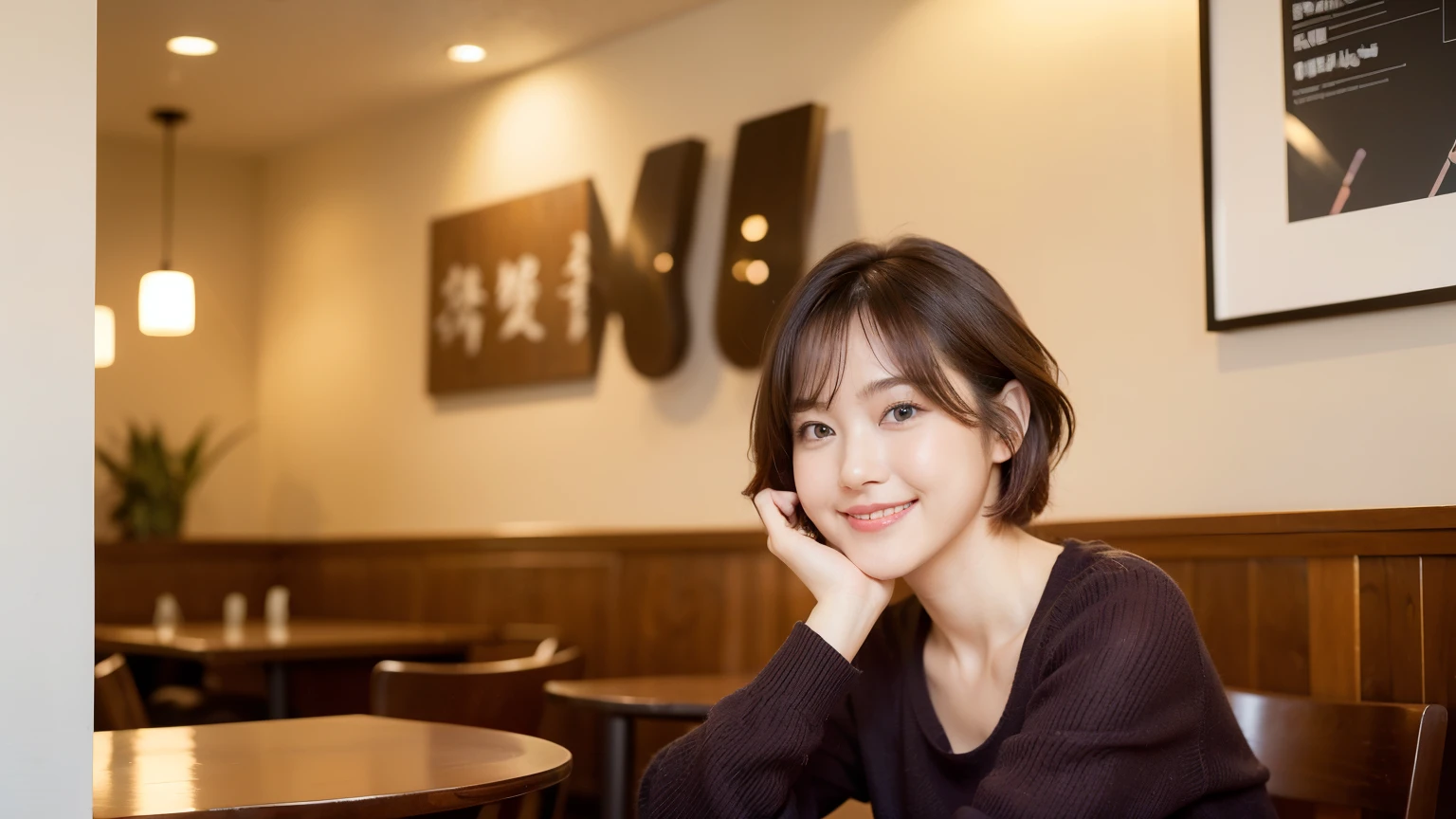 (最high quality、8k、32k、masterpiece:1.2)、A photo of a female college student who looks like a cute model、Normal breasts、Short Bob Hair、Upper Body、Face Focus、Extra Large_sweater、necklace、Looking at the audience、background a trendy coffee shop with a unique aesthetic and atmosphere. Incorporate elements like modern furniture, Artistic decoration, and ambient lighting to enhance the ambiance. People who enjoy drinks々Consider including, engaging in conversation, or quietly working on laptops. Let your creativity flow、In this chic café setting「StableDiffusion」Let the idea come to life, I can see that other customers are enjoying it too...。Inside the cafe、The staff are busy working at the counter..、Feel the vibrancy and warmth of an urban café..., Sharp focus, 1 girl, Sexy 1.2, Brown Hair, With bangs, Beautiful Eyes, 切れ長のBeautiful Eyes, double eyelid, (Cat face), (cute Face), cute Smile, (Shut your mouth.), (cute), Soft Skin, Surreal, Very detailed, high quality, (Beautiful female college student with short hair studying in a cafe), ((Detailed very cute college girl), 