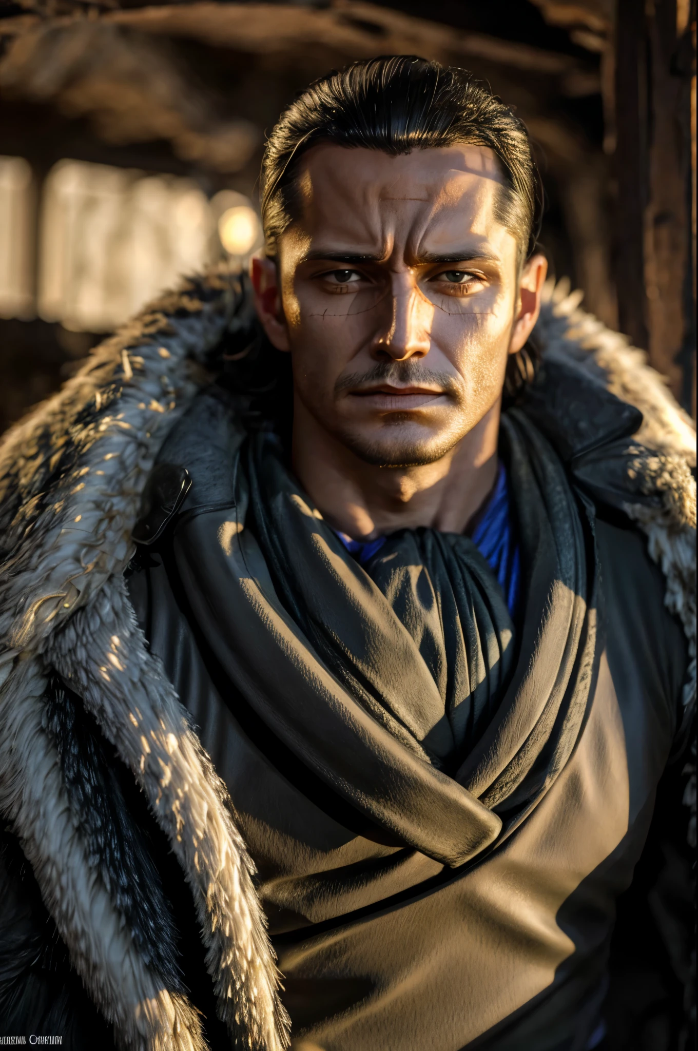 masterpiece, best quality, extremely detailed, hyperrealistic, photorealistic, a cool 40s man, ultra detailed face:1.2, fur-trimmed coat, scarf around the neck, dark light, in cave:1.1, dynamic pose
