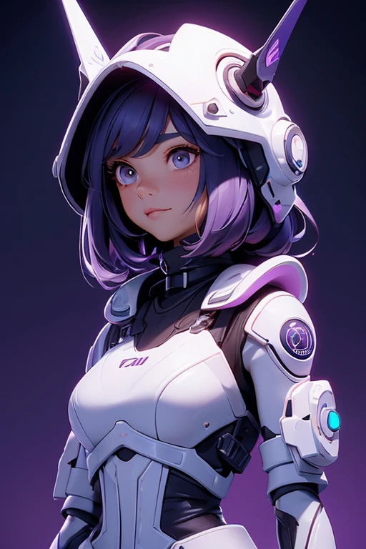 Estilo 3DMM, (obra maestra, mejor calidad, mejor calidad, Arte Oficial, Friendly and aesthetic: 1.2), (Arte Fractal: 1.3), mujer, puede, alto detallado, cabello morado con un toque de rosa, ojos rosados, dark lighting, cara seria, mirando al cielo, cielo, tiro medio, ropa de ciencia ficcion, design futurista, cables, detalles, sci-fi helmet