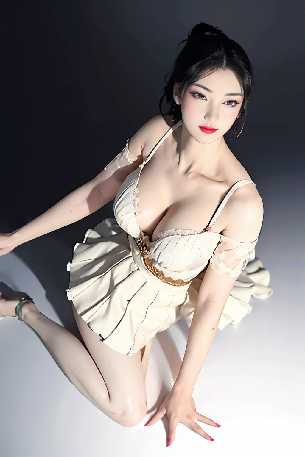 (Very large round : 1.6), (Full body: 1.3), very delicate and beautiful, masterpiece, highest quality, ultra high resolution, 16k, photorealistic, ultra detail, narrow eyes, 1 girl, all white, forehead, black hair , solo, ((very voluptuous glamor)), narrow slit eyes, dark eyes, sparkling eyes, black hair, gloves, dress, luxurious jewelry, earrings, piercing eyes, elbow grooves, hair tied back with hands raised, transparent Demi - cup off-shoulder bra in random colors, transparent short dress in random colors, long eye makeup, narrow eyes, smile, lipstick, complex petal pattern, rim light, backlight, pastel color, studio lighting.
