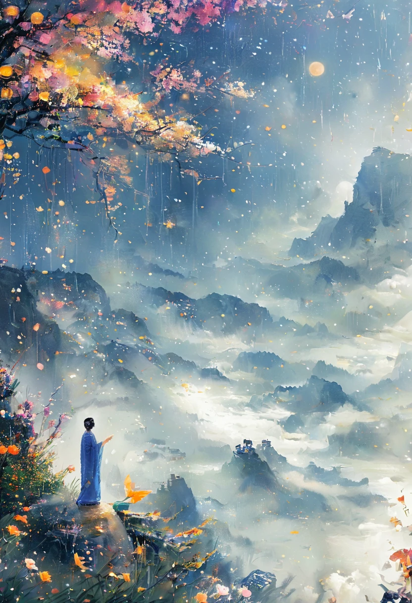 Cai GuoRUN's illustration style, 1girl，A woman in a long skirt stands on a cliff and looks up at the starry sky，Goddess of space，Milky Way Goddess，Goddess of Heaven，Astral Ethereal，dream，Beautiful celestial wizard，Beautiful fantasy painting，Beautiful fantasy art，Ethereal fantasy，非常Beautiful fantasy art，Digital Art Fantasy，enchanting and otherworldly，Fantasy Beauty，The beautiful art of Octane UHD 8K rendering，Volumetric Light，Natural soft light，(Ultra-delicate:1.2，Loss of focus:1.2，Colorful，Movie Lighting，Chiaroscuro，Ray Tracing)，masterpiece，Super rich，Ultra Detailed，8k, 1cgrssh1