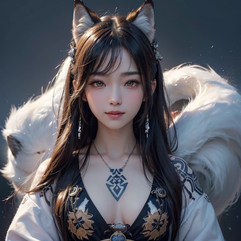 Hide in the snow mountain、Hair flows、 ((highest quality、masterpiece、8k、best image quality、ultra high resolution、Award-winning work)、(accurate anatomy:1.1)、(look at me and smile:1.1)、Shining fair skin with ultra high resolution、most detailed face、ultra high resolution detailed face、ultra high resolutionの髪の毛、(ultra high resolutionの煌めく瞳:1.1)、Beautiful face drawn in every detail、(blurred background:1.1)、ancient Inuit clothing, chest together, tattoo, real wolf beside