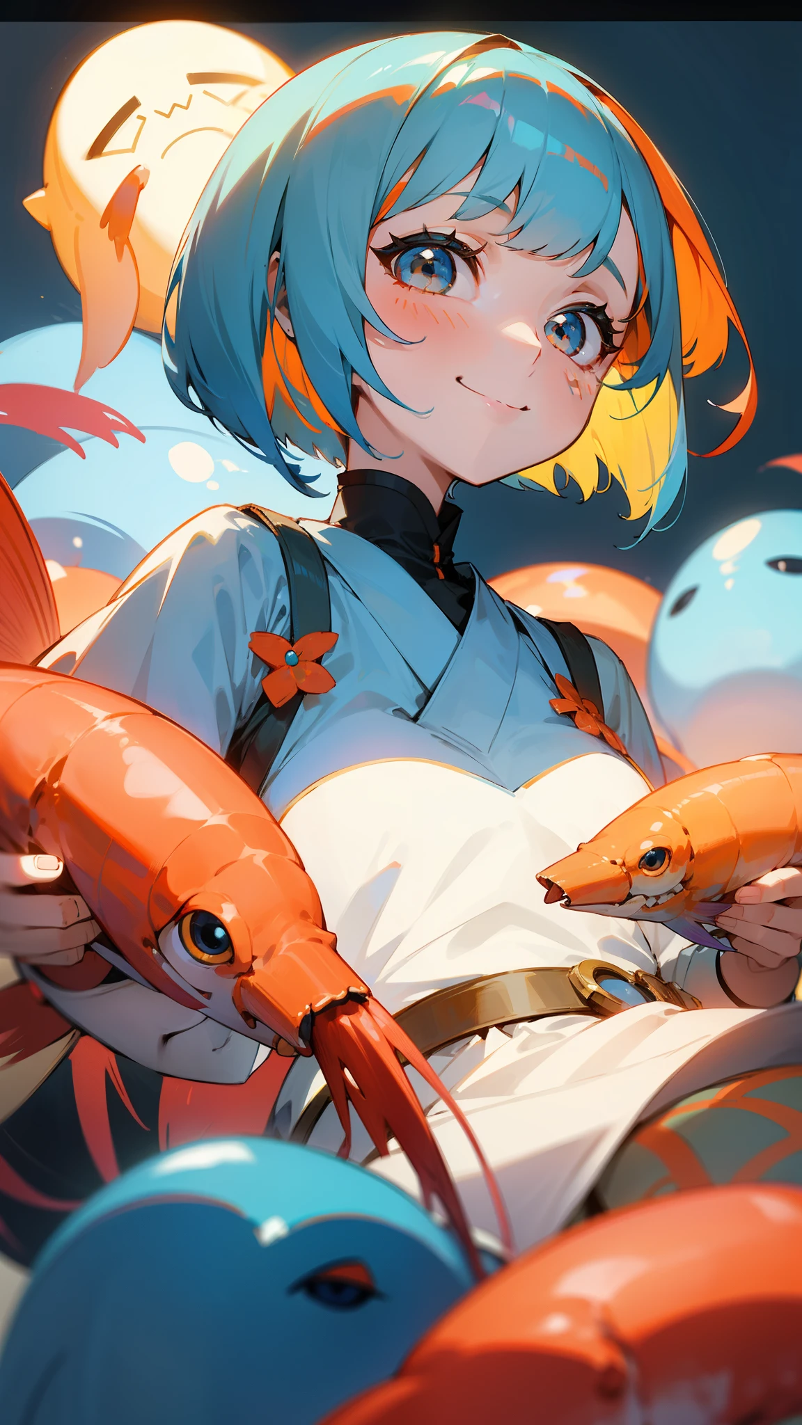 1 Girl、Light blue hair、Bobcut、Orange hair ornament、Dark Eyes、smile、Phantom of the Shrimp