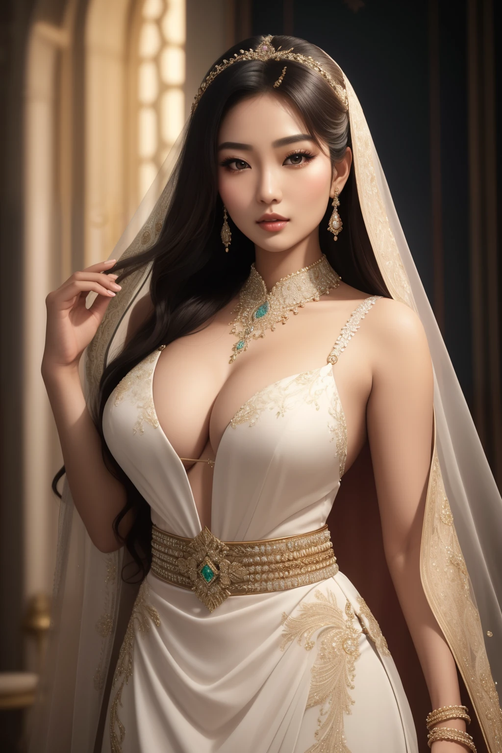 breasts of the Pretty Asian bride are accentuated by her fitted, intricately beaded wedding gown. The gown's low-cut neckline reveals a tantalizing hint of cleavage, as the fabric gently molds to her curves. Her slender waist is cinched in by a belt that matches the intricate designs of her jewelry.

The image is rendered in Ultra Realistic, 4K, High Resolution quality, with each detail meticulously brought to life. Every strand of her hair is carefully defined, and the delicate lines and curves of her face are brought to life with striking precision. The subtle reflections in her clear, almond-shaped eyes add depth and texture to the image