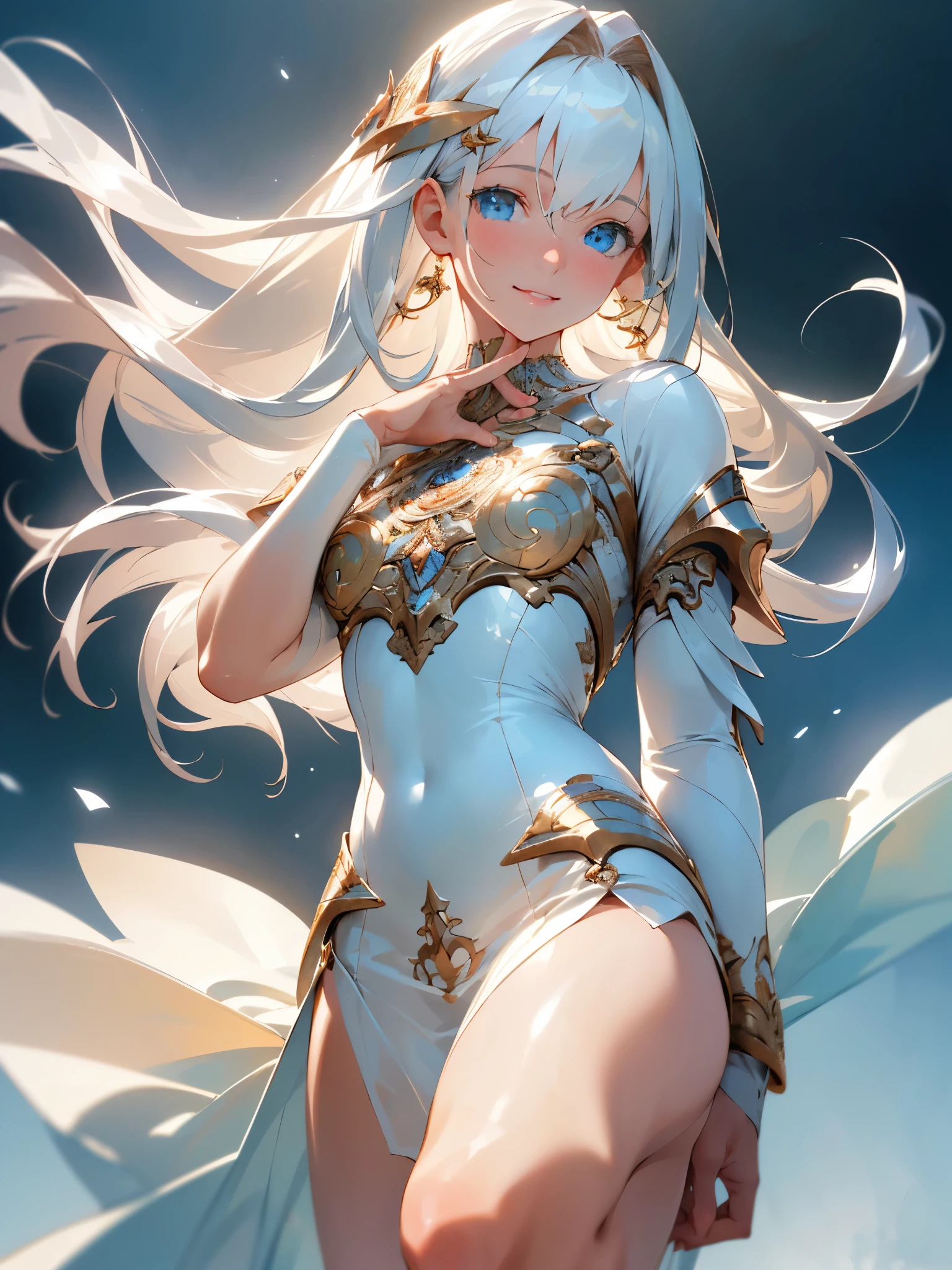 (Realistic:1.3), (masterpiece:1.2), (photoRealistic:1.2), (highest quality), (Detailed skin:1.3), (Intricate details), Ray Tracing,One girl, 19 years old, Detailed skin texture, (blush:0.6), Scattered beneath the surface, (smile:1.2), Straight Hair, Long Hair, bangs, Hair between the eyes, Reduces hair volume, Blue eye, Shining Eyes, Lens Eye, Light reflection in the eyes, Symmetrical eyes, looking at the camera, hair ornaments, Close-fitting clothing, Wearing dress, Side slits, Two arms, Two legs, Two arms, Five fingers, Two joints in the fingers, Fingers are roughly parallel, barefoot, Depict from hip to head,
divine